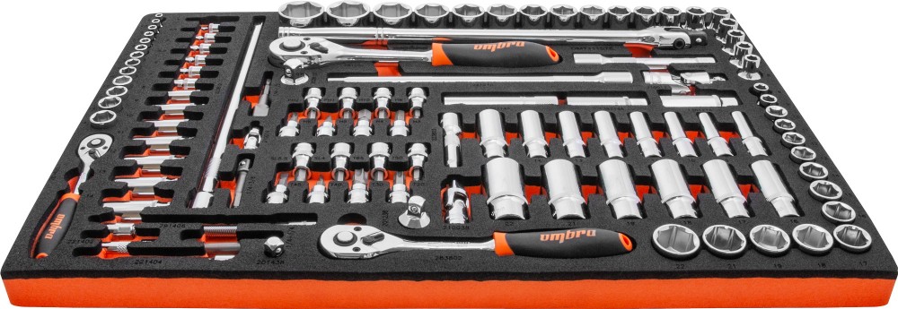 Набор головок торцевых 1/4"DR (4-14 мм), 3/8"DR (8-22 мм), 1/2"DR (8-32 мм), с аксессуарами в EVA ложементе 560x375 мм, 111 предметов OMBRA OMT111STE