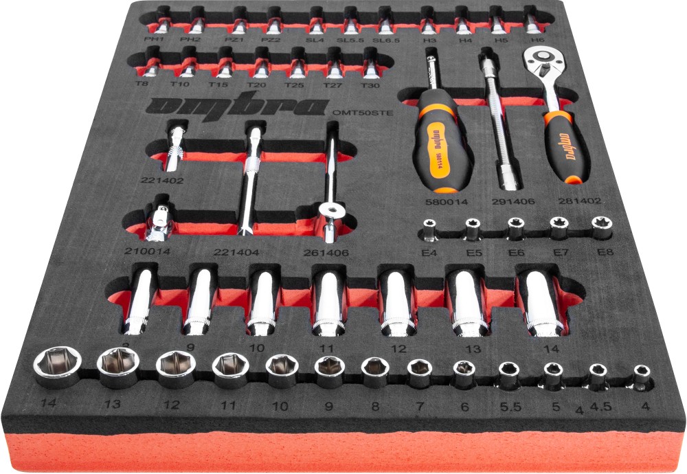 Набор головок торцевых 1/4" DR 4-14 мм, внешний TORX® Е4-Е8 с аксессуарами в EVA ложементе 280х375 мм, 50 предметов OMBRA OMT50STE